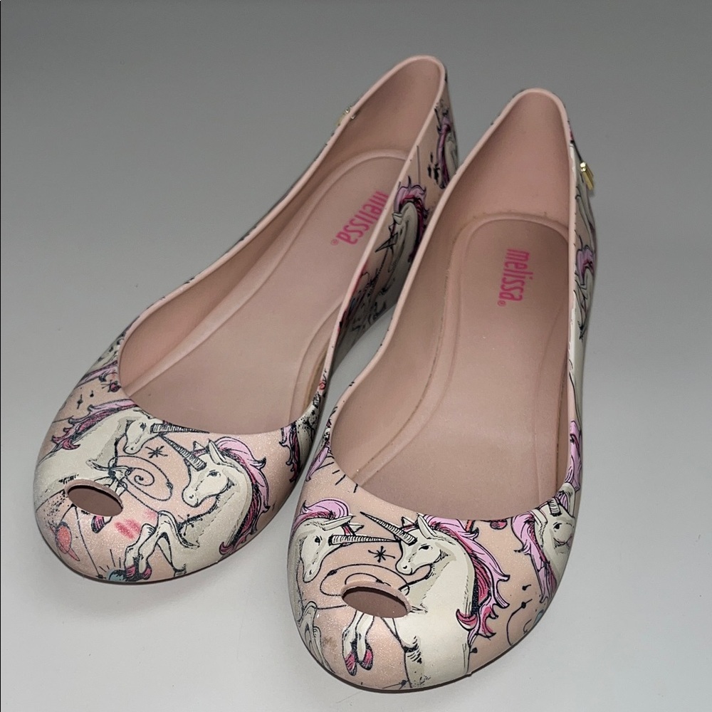 Melissa Women's Unicorn 🦄 peep toe  Flats - Pink and Cream size 6